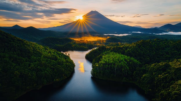 Majestic Sunrise over Volcanic Mountain and Lush Green Forest Lake photo
