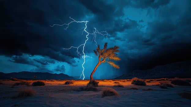 Dramatic Desert Landscape Lone Tree Silhouetted Against a Vibrant Lightning Storm photo