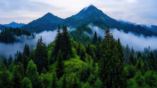 Majestic Mountain Peaks and Foggy Coniferous Forest Landscape Photography photo