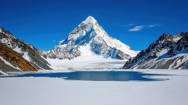 Majestic Snow Capped Mountain Peak with Glacial Lake and Winter Landscape photo