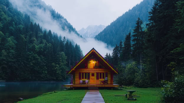 Secluded Mountain Cabin by Lake Misty Forest Log Home Scenic View photo