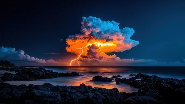 Dramatic Night Seascape Lightning Strike over Ocean with Vibrant Clouds and Rocky Coastline photo