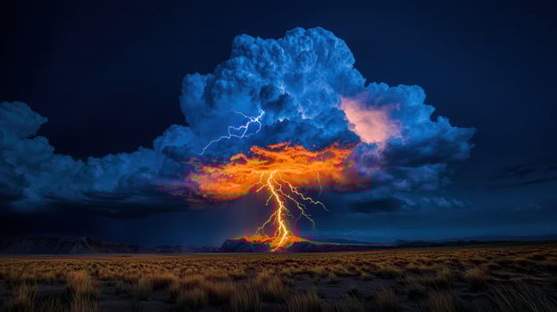 Dramatic Night Landscape Intense Lightning Strike Illuminating a Dark Stormy Sky over Desert Plains photo