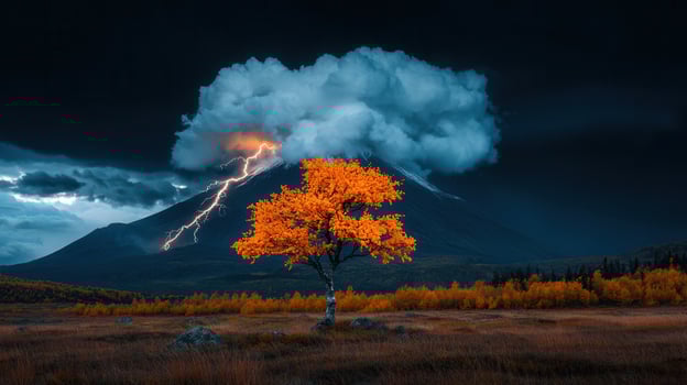 Dramatic Autumn Landscape Lone Tree Lightning Storm and Majestic Mountain photo