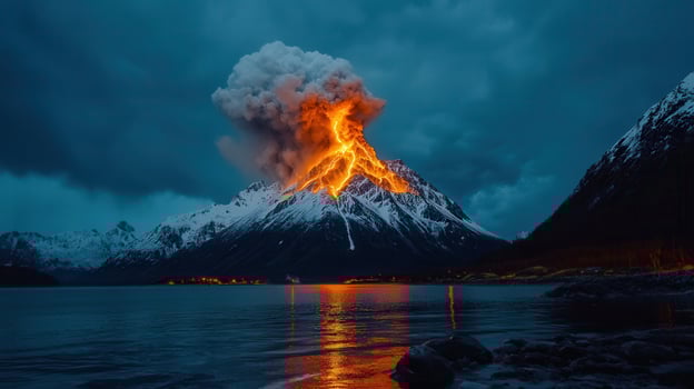 Erupting Volcano at Night Dramatic Mountain Landscape Fiery Lava Flow Dark Sky Snow Capped Peaks photo