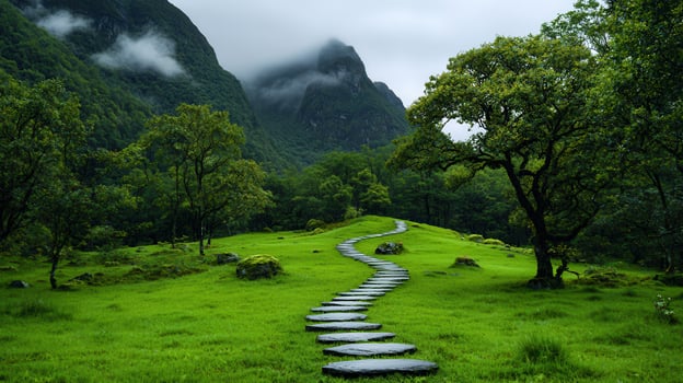 Serene Stone Pathway Winding Through Lush Green Meadow and Mountains photo