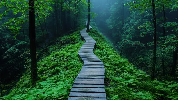 Serpentine Wooden Path Winding Through Lush Green Forest Misty Atmosphere photo