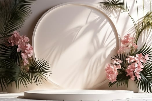 Abstract white studio background for product presentation. Empty room with shadows from windows and flowers and palm leaves. 3D room with copy space. photo