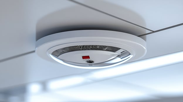 New Smoke Detector Mounted on White Ceiling Ensuring Home Safety with Modern Technology photo