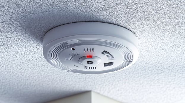 New home smoke and carbon monoxide detector mounted on textured ceiling Security safety concept. photo