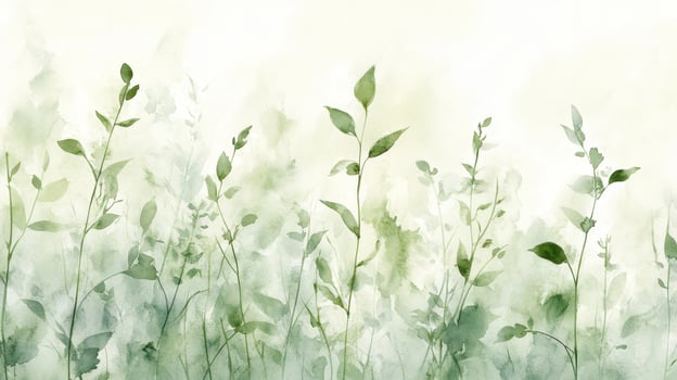 Soft, Airy Watercolor Background, Green Leaves and Grass Silhouettes, Pastel Green Watercolor Wash photo