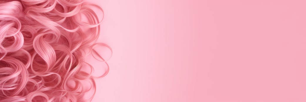Wavy texture of healthy colored curly pink hair isolated on pink background, baner. photo