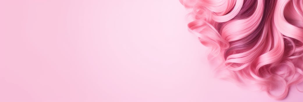 Wavy texture of healthy colored curly pink hair isolated on pink background, baner. photo