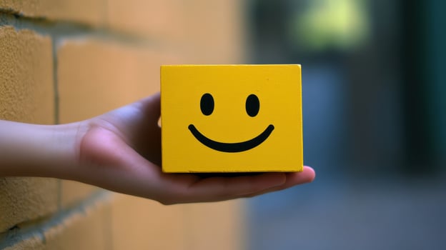 A person holding a yellow smiley face box photo