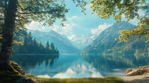 Picturesque Mountain Lake Surrounded By Lush Greenery and Clear Blue Sky Reflecting Serene Beauty photo