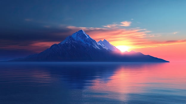 Pixelated Mountain Island Reflecting in Calm Ocean Waters at Colorful Sunset with Clouds photo