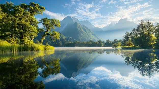 Scenic Lake Reflecting Mountains and Green Trees Under Blue Sky With White Clouds in a Tranquil Environment photo