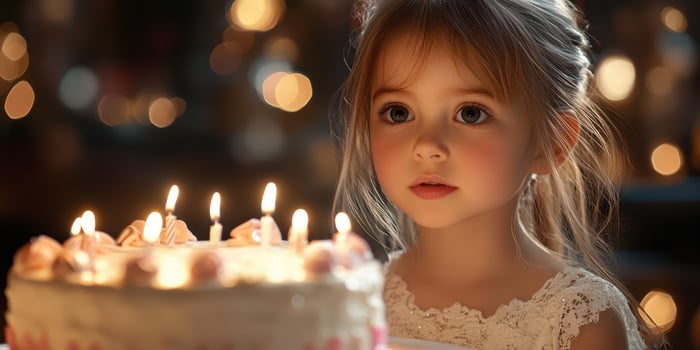 Young girl gazes at birthday cake with lit candles in a warm, softly lit celebration setting photo