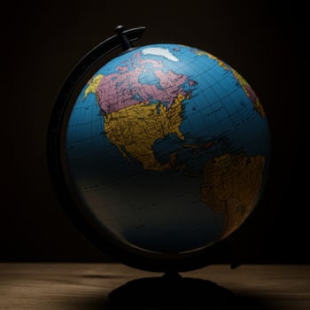 A globe on a wooden table with a dark background photo