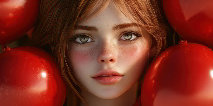 Captivating portrait of a young woman surrounded by vibrant red elements in a striking composition photo