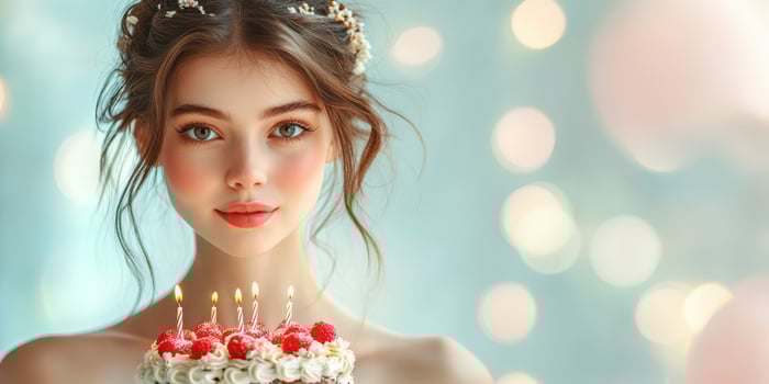 Birthday celebration with a young woman holding a cake decorated with candles and berries in a festive atmosphere photo