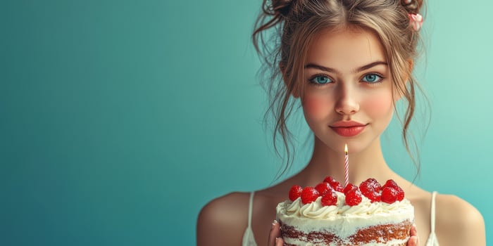Young woman celebrating with a birthday cake adorned with berries and a candle in a bright, colorful setting photo
