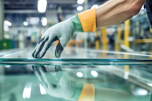 Glazier checking glass pane in factory, industrial manufacturing production photo