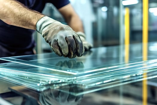 Glazier checking glass sheets in a factory photo