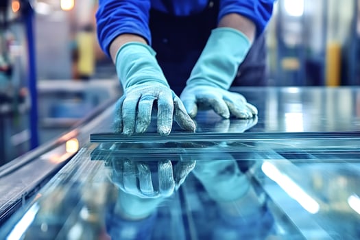 Glass factory worker handling sheet of glass on production line photo