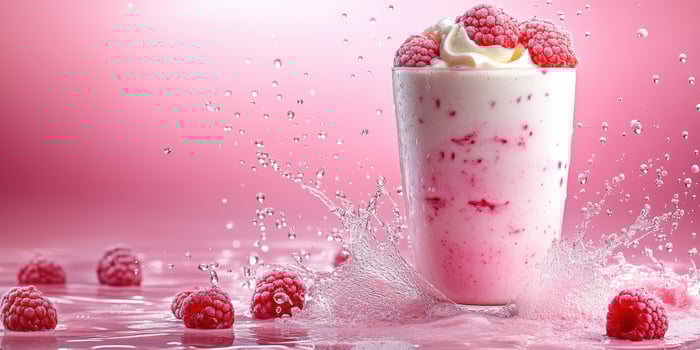 Refreshing raspberry dessert drink splashes in vibrant pink setting at a summer gathering photo