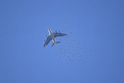 Airbus a380 flying over birds in blue sky photo