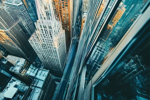 Skyscrapers towering over narrow street in new york city photo