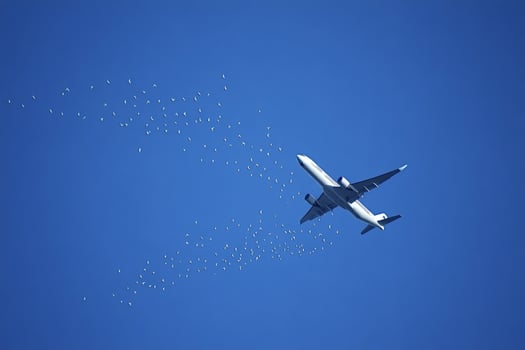 White passenger airplane flying among a flock of birds in a clear blue sky photo