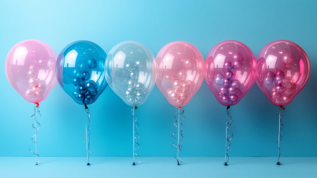 A bunch of transparent balloons in pastel colors on a pastel background. 15 photo