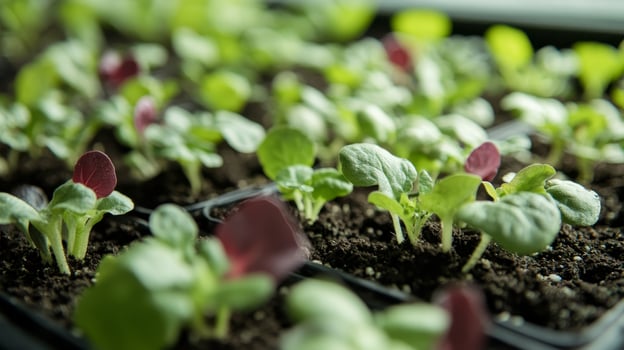 Close-up of vibrant seedlings in a planting tray. Healthy growth in the garden photo