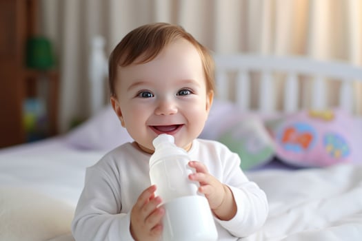 cute happy little baby holding a feeding bottle with milk and smiling. Milk formula for babies photo