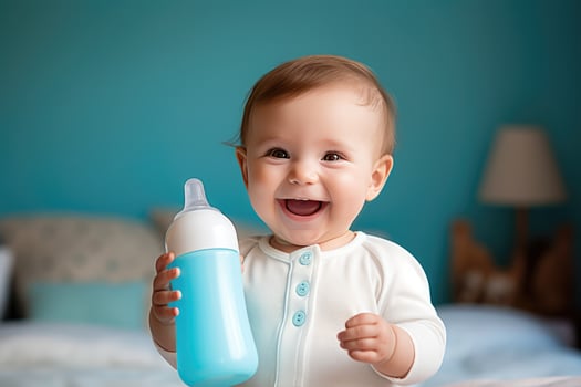 cute happy little baby holding a feeding bottle with milk and smiling. Milk formula for babies photo