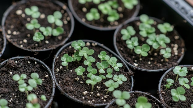 Close Up View of Tiny Seedlings in Pots photo