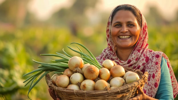 Happy Woman Farmer with Fresh Harvest of Onions photo