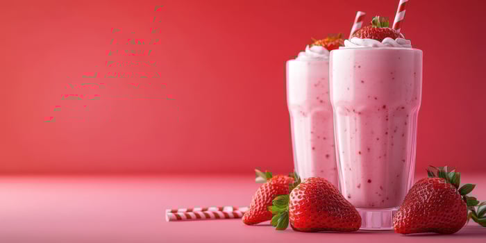 Refreshing strawberry milkshake served in two tall glasses with whipped cream and decorative straws against a vibrant red background photo