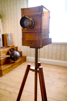 An old wooden photo camera in the Museum Kulturen in Lund Skane Sweden 2025