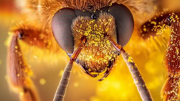 A close up of a bee's face with yellow dust photo