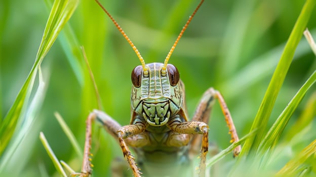 A grasshopper is sitting in the grass photo