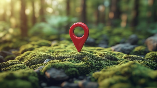 3D red location pin icon on the map, on top of mossy ground. 1 photo