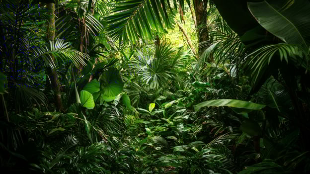 Tropical jungle with green plants and trees photo