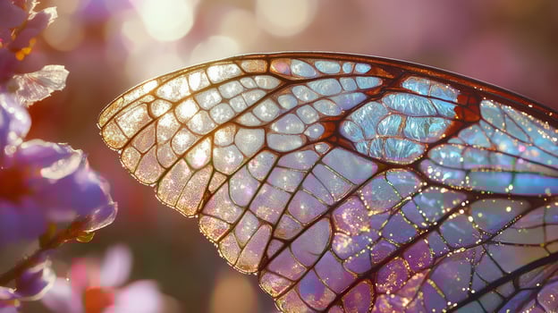 A butterfly wing is shown with purple flowers photo