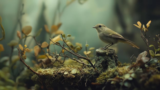 A small bird is perched on top of a moss covered stump photo
