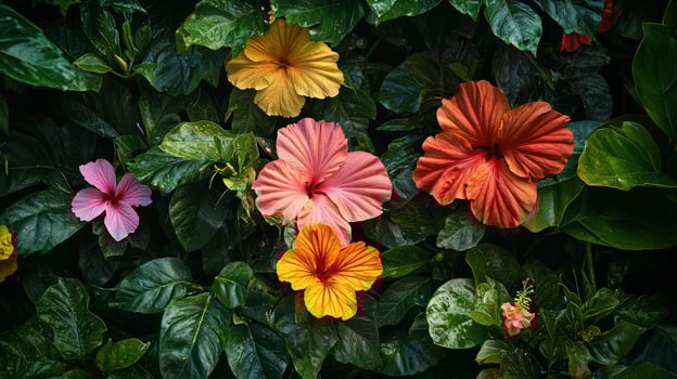 Colorful hibiscus flowers on a wall photo
