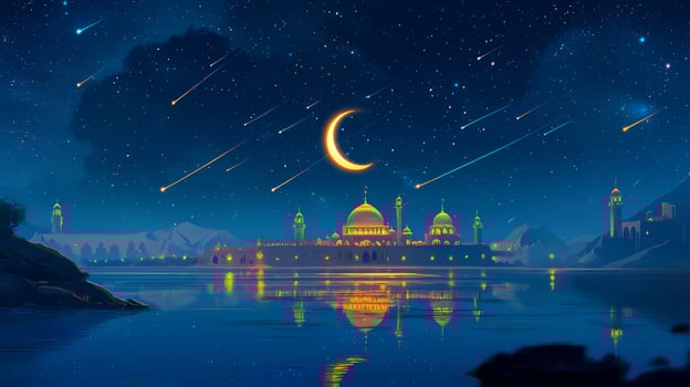 Islamic night sky with crescent and stars photo