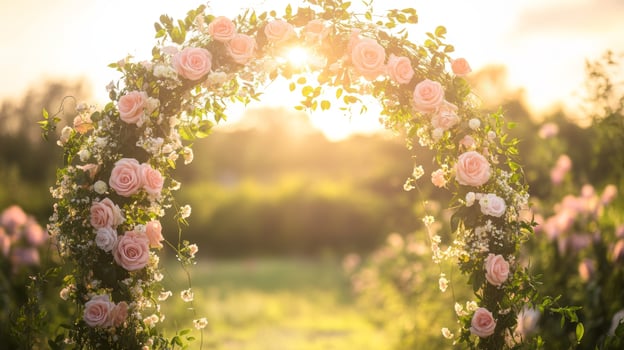 Beautiful floral arch at sunset in a scenic garden setting with blooming flowers photo
